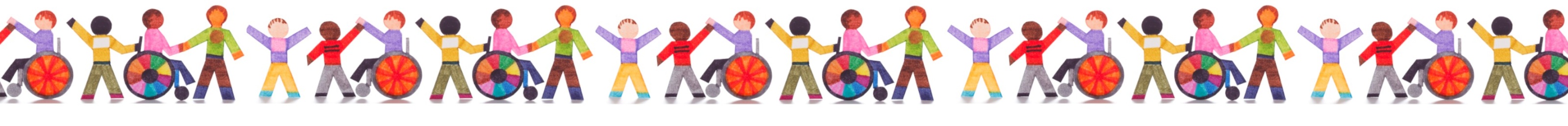 Illustration von Kindern mit und ohne Rollstuhl, die sich an den Händen halten.